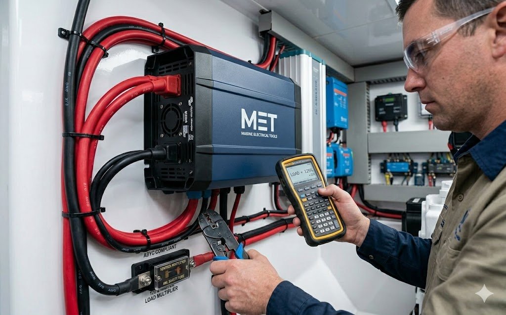 A marine technician using a handheld calculation tool while installing a **Marine Inverter Size Calculator** compliant inverter branded MET.