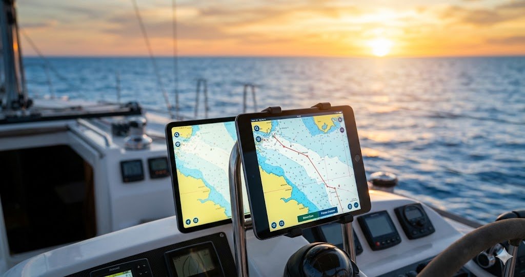 POV shot of a modern sailing yacht cockpit at sunset, using the marine range calculator on a digital tablet to display a nautical chart and a red plotted voyage route.