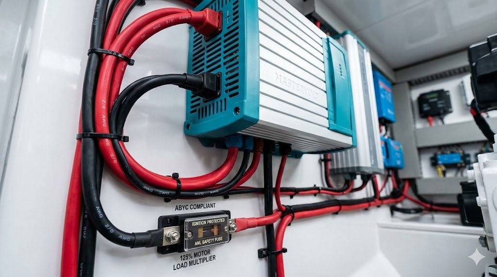 Marine Inverter Size Calculator installation with ABYC compliant wiring.