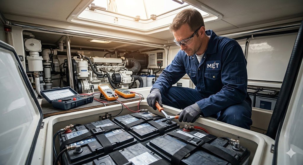 Marine Electrical Calculators being used by a technician to ensure ABYC-compliant wiring and safety during a lithium battery bank installation.