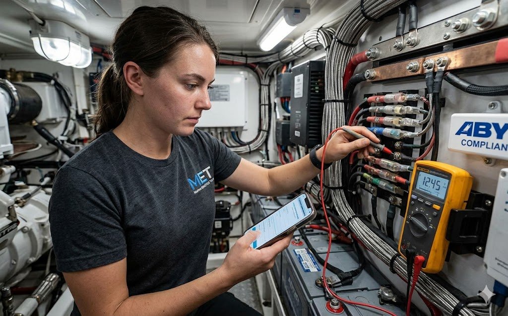 Voltage Drop Calculator used by a marine technician to verify ABYC E-11 compliance while testing a DC electrical panel with a digital multimeter.