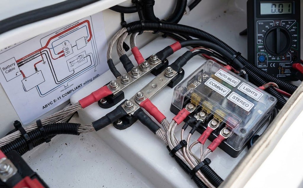 Marine Wire Gauge Calculator illustration showing a close-up of ABYC-compliant tinned copper cables, red heat shrink terminals, and a secure DC busbar connection.