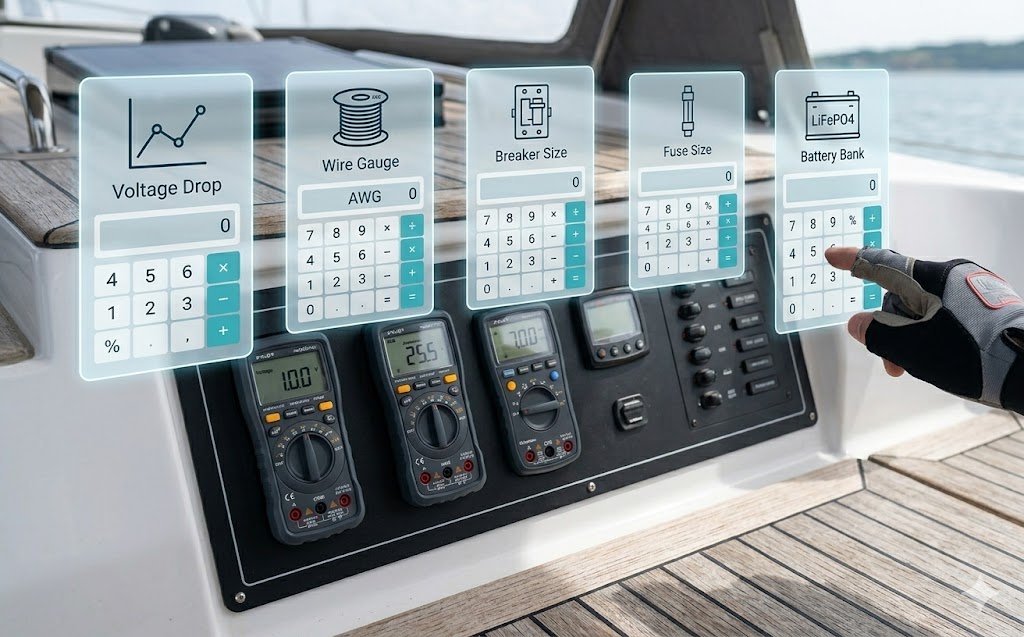 Marine Electrical Calculators displayed on a tablet near a sailboat's battery panel during maintenance.