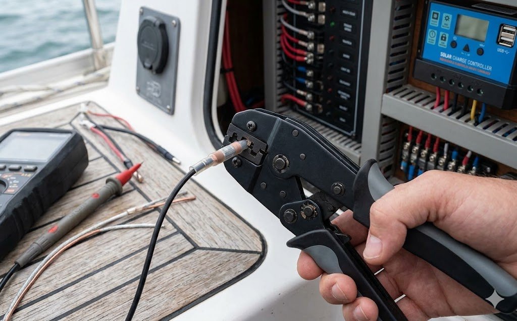 FAQS for specialized marine electrical tools, showing a technician crimping tinned copper wire.