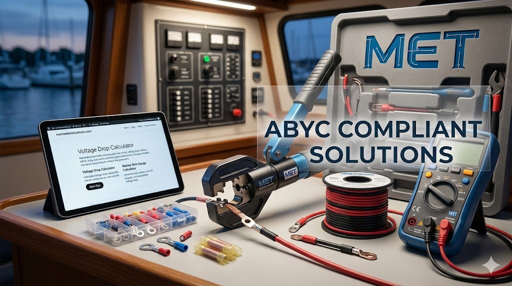 Marine electrical tools and ABYC-compliant wire gauge calculators used for professional boat wiring and circuit design.