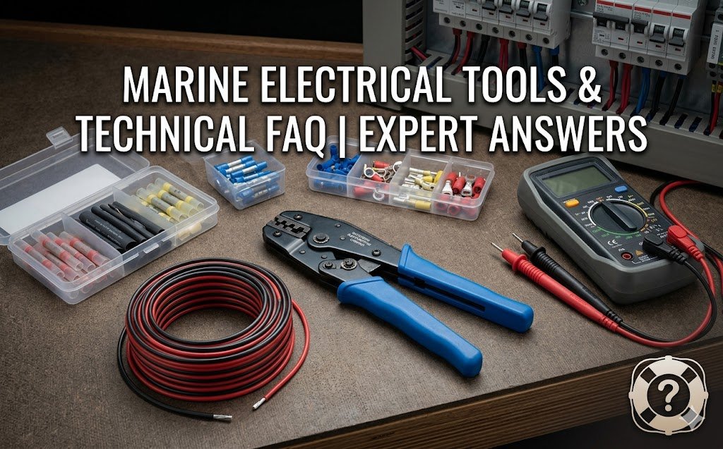 "A precise collection of specialized marine electrical tools, including ratcheting crimpers, a multimeter, and tinned copper wire, laid out for a marine electrical system installation."