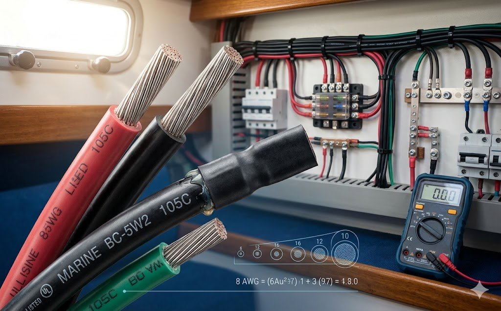 Marine Wire Gauge Calculator showing ABYC-compliant tinned copper wiring, professional heat shrink terminals, and a DC fuse panel installation on a boat.
