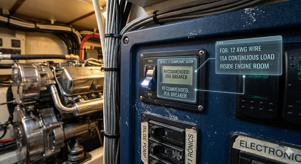 Marine Circuit Breaker Size Calculator - ABYC E-11 compliant breaker sizing in a marine engine room.