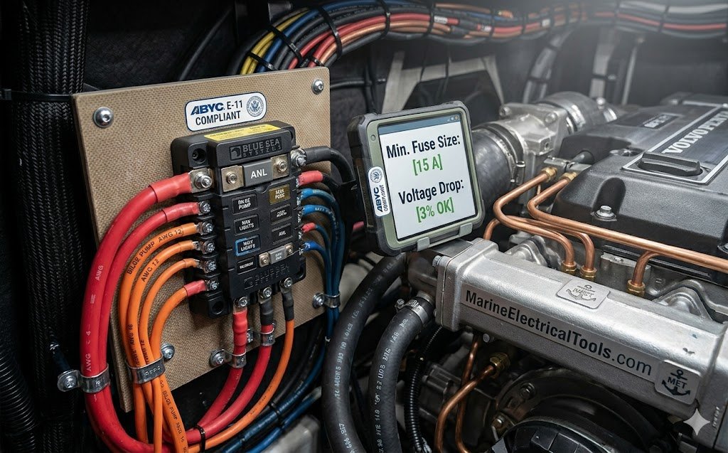 ABYC compliant boat wiring and fuse blocks verified by the Marine Fuse Size Calculator.