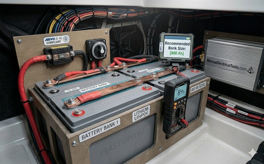 A professional installation of a marine battery bank showing Lithium LiFePO4 batteries and tinned copper wiring, used as a reference for the Marine Battery Bank Size Calculator.