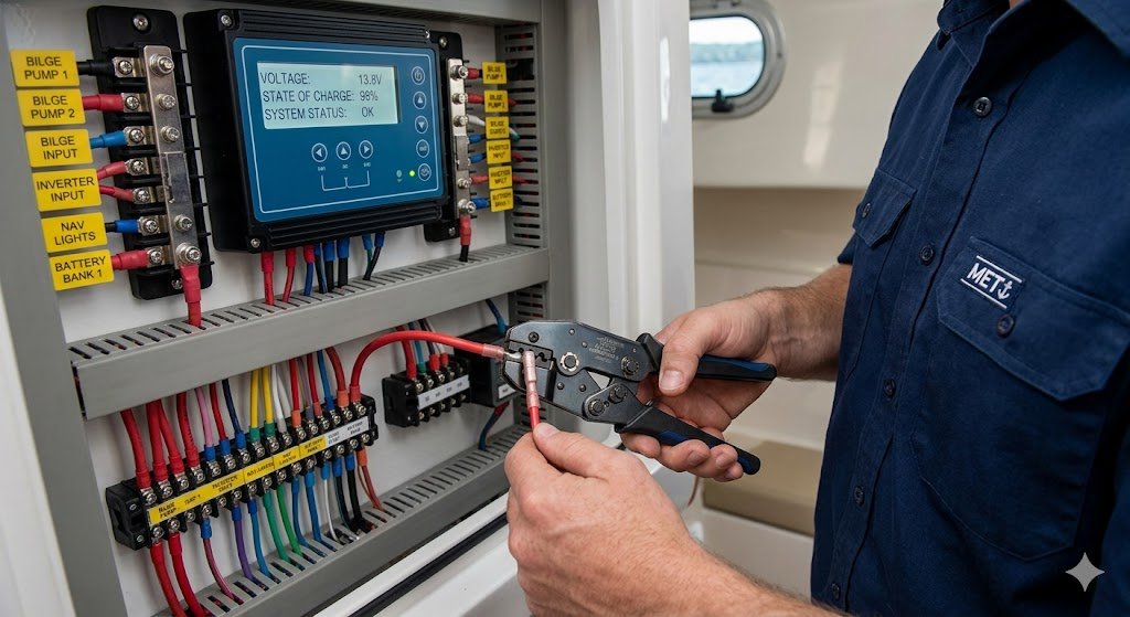 A marine technician wearing a MET shirt crimping a wire, demonstrating how the right tools contribute to Empowering Your Journey on the water.