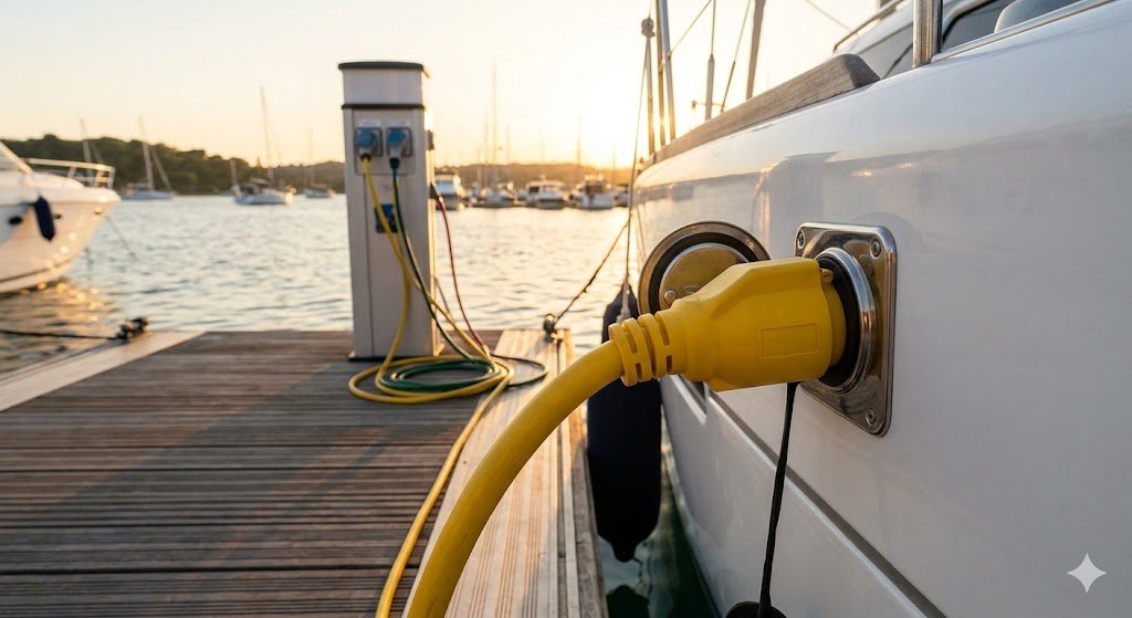 Shore Power Load Calculator: Professional-grade yellow marine cable connecting to a yacht's power inlet on a teak dock at a modern marina.