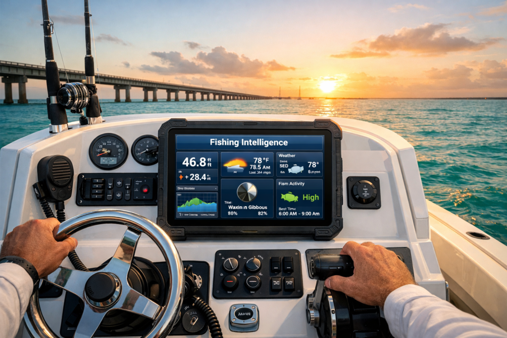 Florida Keys Fishing Hotspots: #1 Best Live Intelligence Guide showing real-time tide, wind, and bite index on a marine tablet.