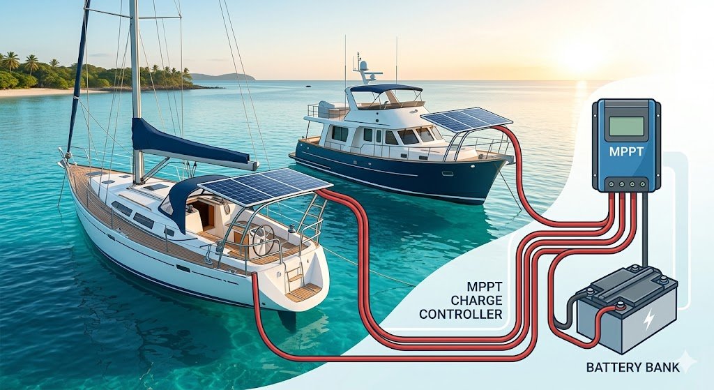 Marine Solar Charge Controller Size Calculator (ABYC-Aligned) showing a professional MPPT installation on a sailboat and motor yacht.