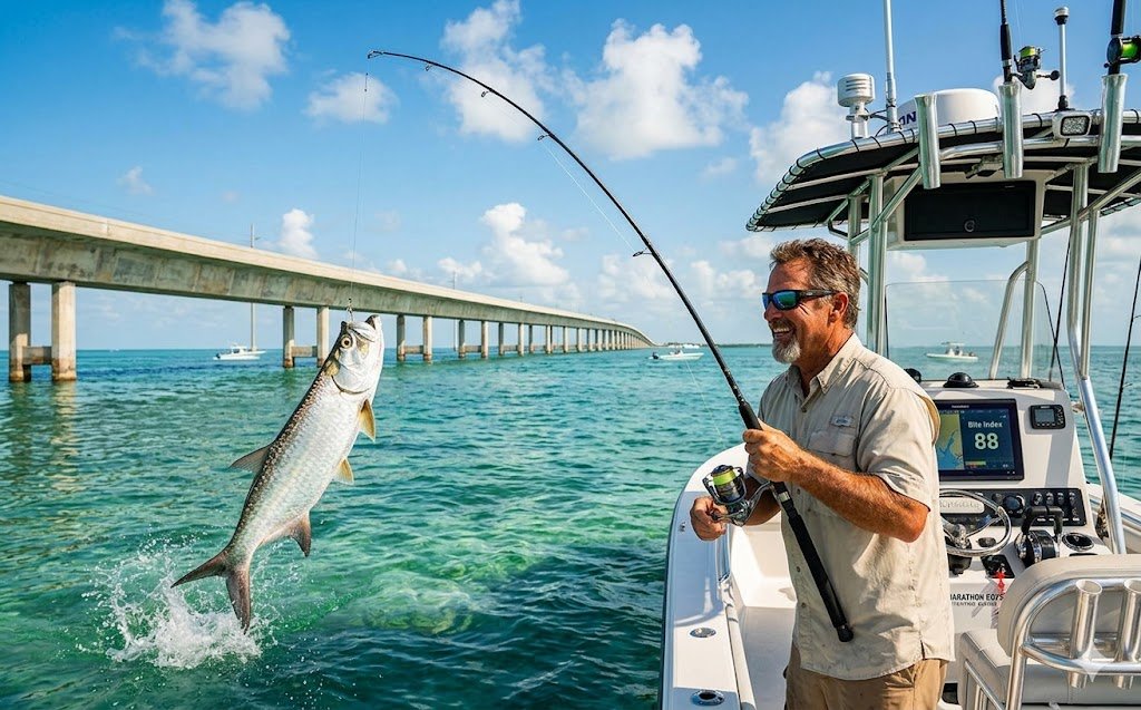 #1 Best Florida Keys fishing guide landing a trophy tarpon near the Seven Mile Bridge in Marathon, Florida.