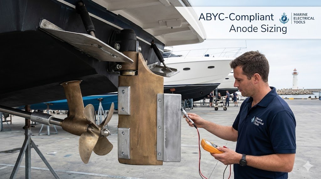 Anode Calculator boat protection: A professional technician using a silver-chloride reference cell to verify sacrificial anode effectiveness on a vessel.