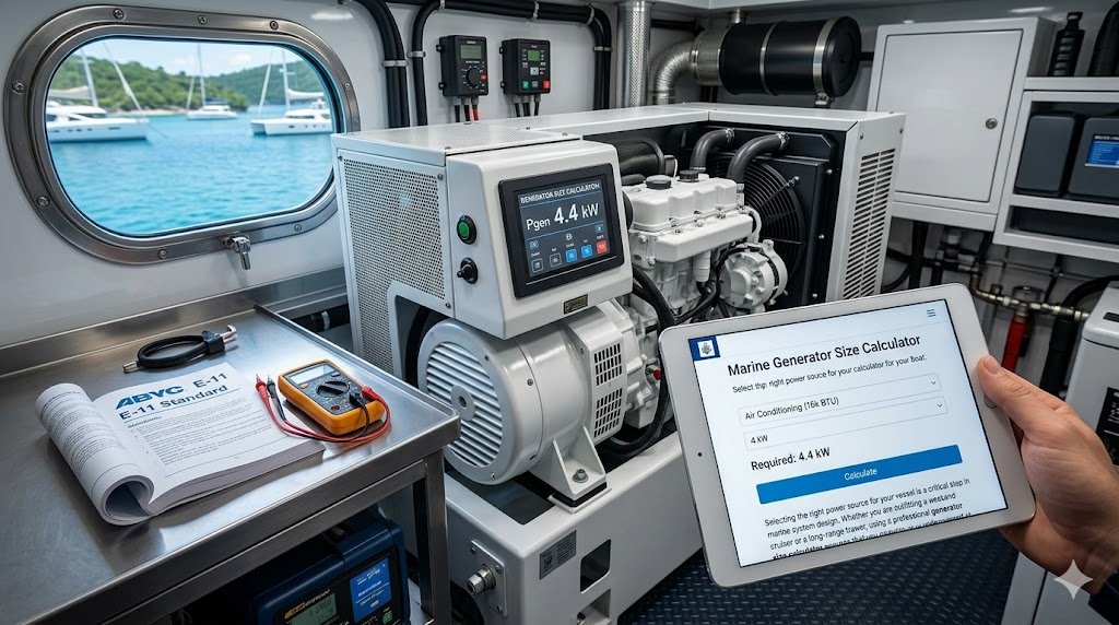 Generator Size Calculator being used by a boat owner to calculate AC loads for a marine genset in an engine room.