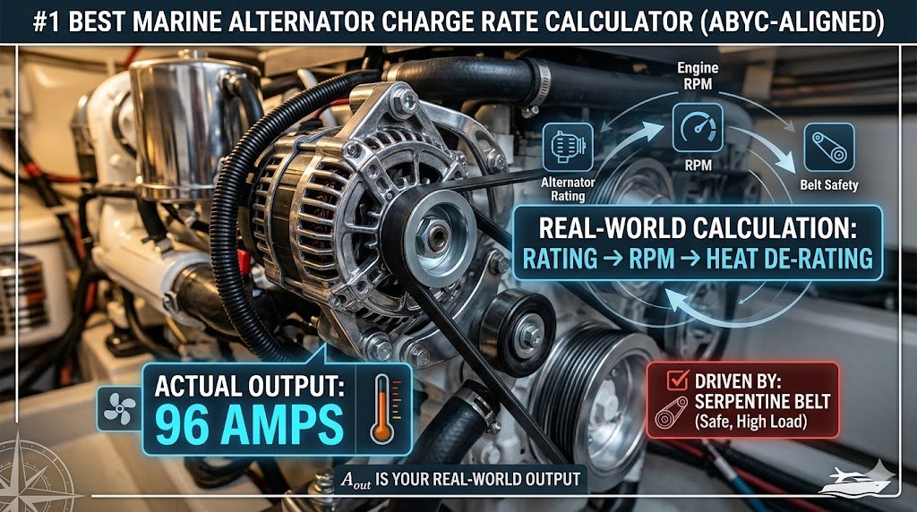 Alternator Charge Rate Calculator (ABYC-Aligned) graphic showing real-world charging output, pulley ratios, and belt safety in a marine engine room.